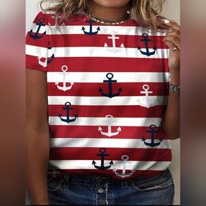 SHEIN Red and White Striped Anchor Tee